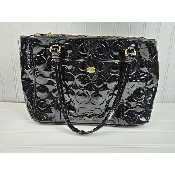 Coach Peyton Op Art Embossed Patent Carryall Double Zip F24607 Handbag Purse - Picture 2 of 13